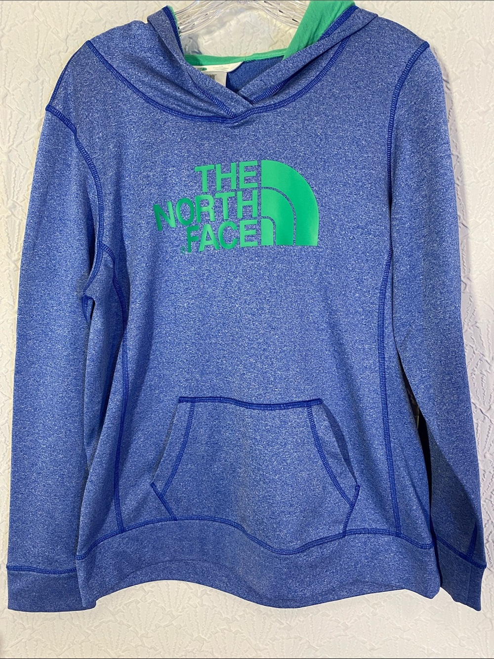 The North Face Heathered Blue Hoodie with Green Logo Lg Statement Maker